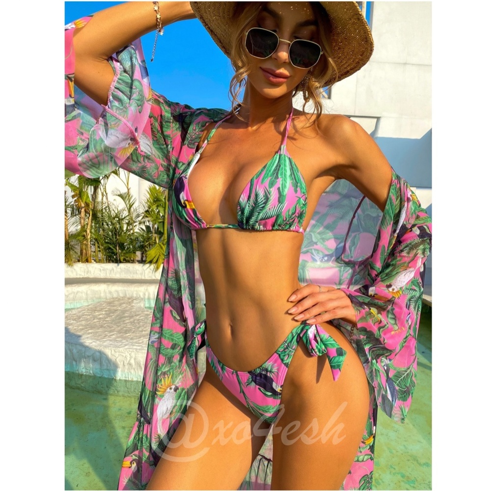 3 Piece Bikini Set Tropical Print Swimsuit and Kimono - Picture 4 of 7